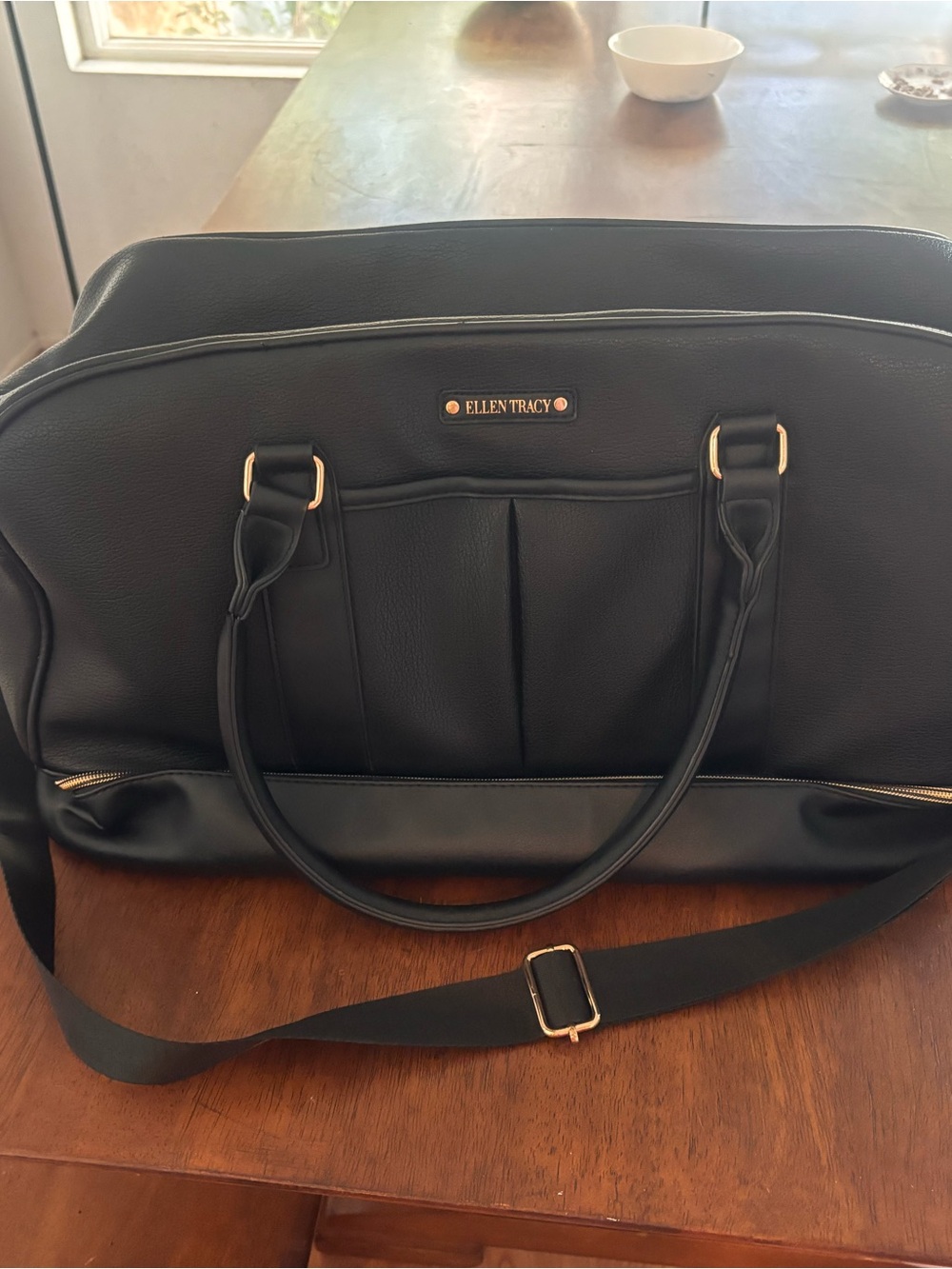 Ellen Tracy Black Faux-Leather Duffel with Gold Hardware